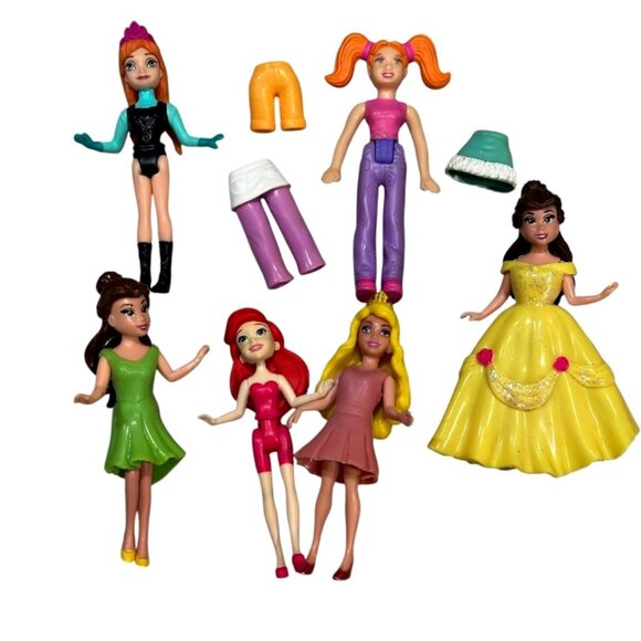 Polly Pocket Mixed Lot 9 Pieces Variety Dolls Figures 6 Dolls 3 Clothes - Picture 1 of 7